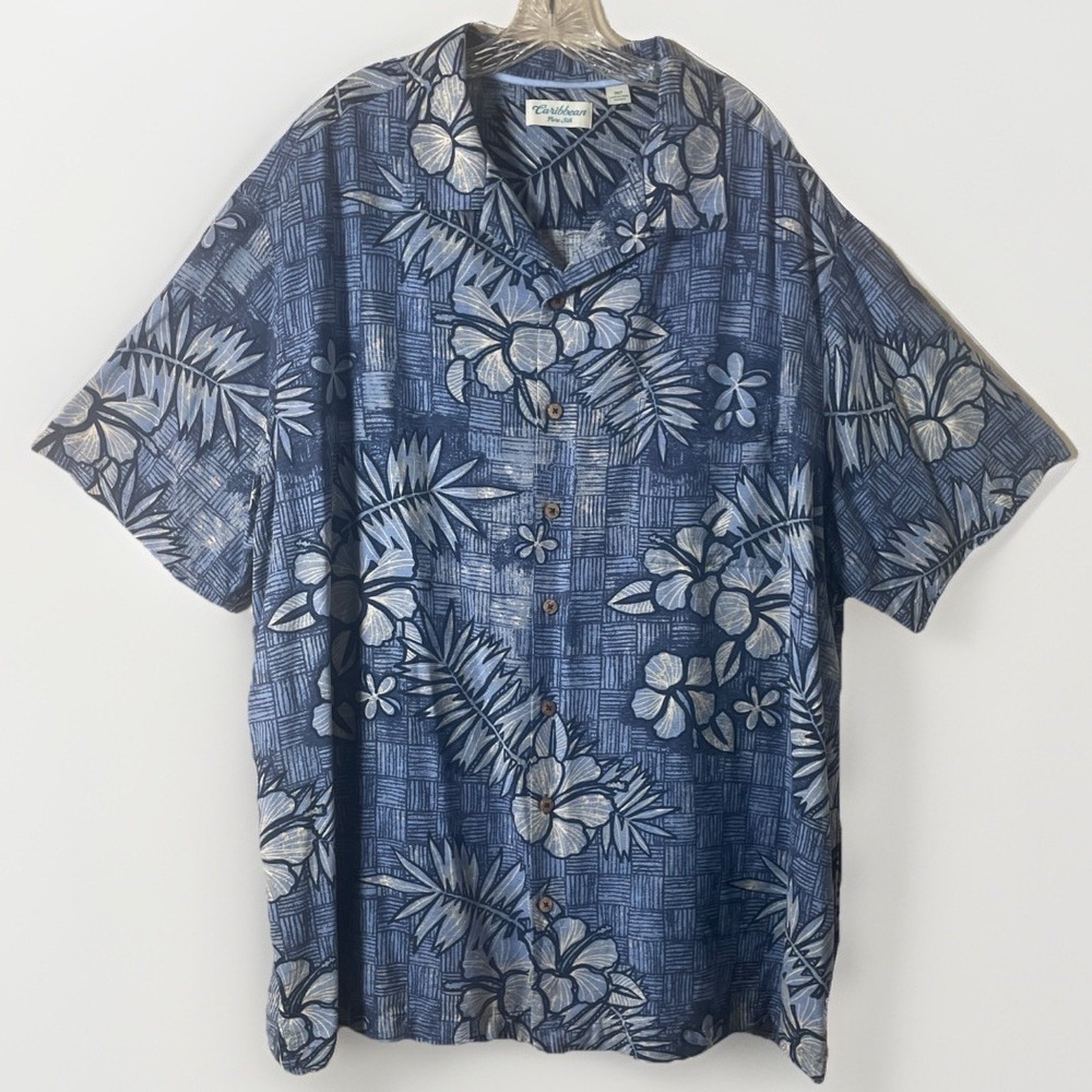 Caribbean 100% Silk Blue Floral Hawaiian Button Down Camp Shirt Men's Size 3XT